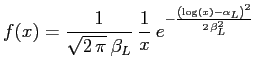 $\displaystyle f(x) = \frac{1}{\sqrt{2\, \pi } \: \beta_L} \: \frac{1}{x} \: e^{-\frac{{\left( \log (x) - \alpha_L \right) }^2}{2 \, \beta_L^2}}$